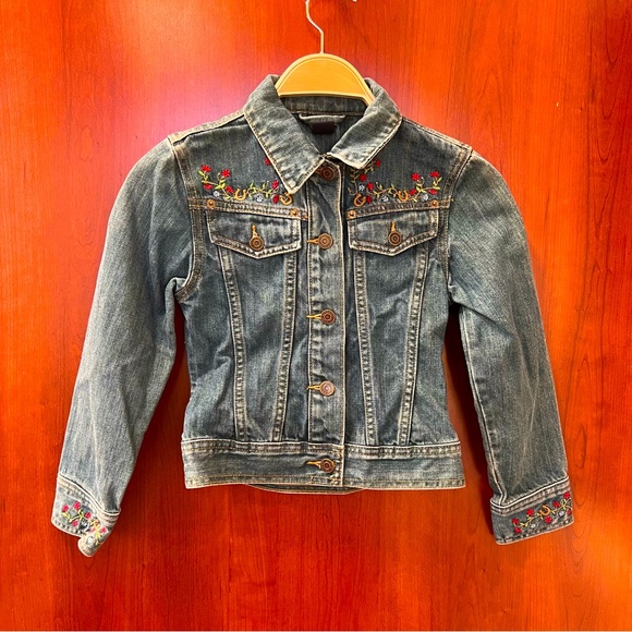 GAP Other - Gap Kids Size 8 Denim Jacket Embroidered Horse Shoe Floral Dark Wash Jean Girls